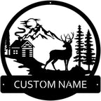 Deer and Cabin Custom Name Sign Metal Wall Art Personalized Last Name Plaque Outdoor Metal Wall Art Personalized Gift for Wedding/Housewarming by MOMOBO