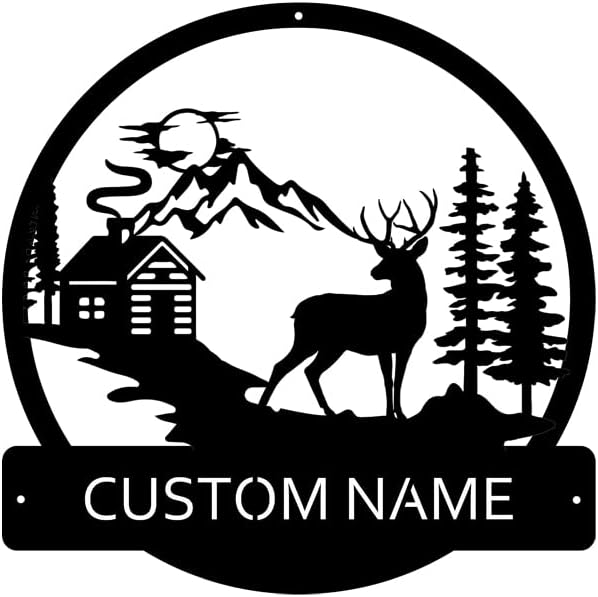 Deer and Cabin Custom Name Sign Metal Wall Art Personalized Last Name Plaque Outdoor Metal Wall Art Personalized Gift for Wedding/Housewarming by MOMOBO