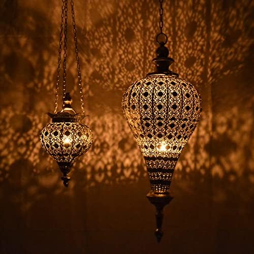 Westcharm Extra Large 27”H Antique Silver Oriental Moroccan Ramadan Lantern Metal Hanging Pendant Light Candle Lantern Lamp Indoor Outdoor Decorative Décor - 42" H with Chain - Image 3