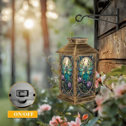 Solar Lantern Outdoor Waterproof Stained Glass Dragonfly Vibrant Flowers Intricate Details Garden Decor LED Solar Lights Hanging/Tabletop Lamp Gifts for Women Mom for Outside Yard Patio - Image 5