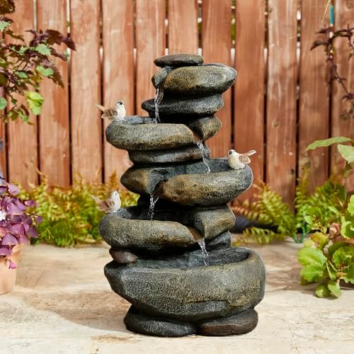 Glitzhome Natural 5-Tiered Stacked Stone Polyresin Outdoor Fountain with Birds, Pump and LED Light, 23''H - Image 5