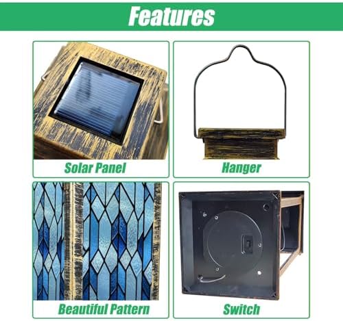 Solar Lantern Stained Glass Outdoor Garden Hanging Lantern Waterproof Solar Powered Lighting Outside Table Lamp for Patio Deck Yard Camping Beach House Decor, 1 Pack - Image 3