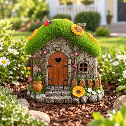 Sunflower Fairy Garden House with Ladybug, Solar Lighted Resin Yard Statue - Image 3