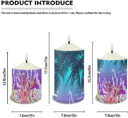 Cozeyat Flickering Flameless Candles with Timer, Seaweed Palm Leaf Scenery Print Flameless LED Candles Set of 3, Unscented Flameless Bullet Floating Candles for Party Decoration - Image 6