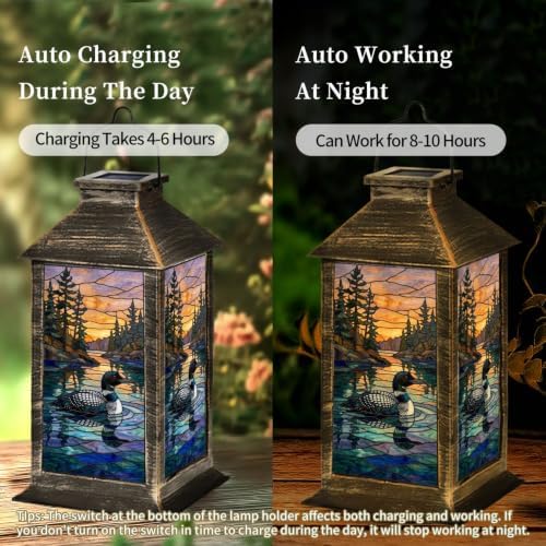 Solar Lantern Stained Glass Artwork Loon Lake Pine Trees Sunset Hunting Garden Hanging Lantern Waterproof Solar Powered Lighting Outdoor Table Lamp for Deck Yard Patios Trees Decor - Image 6