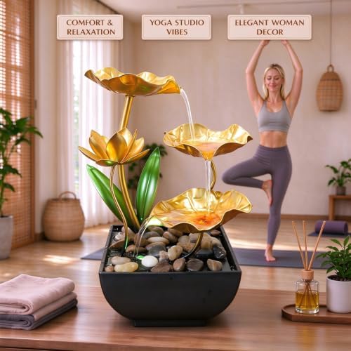 11'' H Gold Tabletop Water Fountain, Zen Desktop Waterfall, with LED Light,Indoor Lotus Desktop Decorative Fountain, Home Bathroom Bedroom Decor. - Image 3