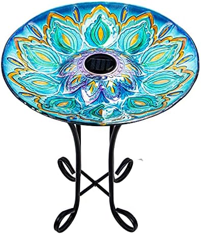 Glass Bird Bath Outdoor with Metal Stand Solar BirdBath Feeder Garden Decor by VCUTEKA