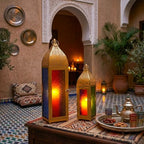 TRIROCKS 2-Pack Moroccan Candle Lanterns 23'' H Metal Vintage Candle Holder with Embossed Colored Tempered Glass Ramadan Lantern for Living Room Garden Yard Patio Parties Events (Gold) - Image 4