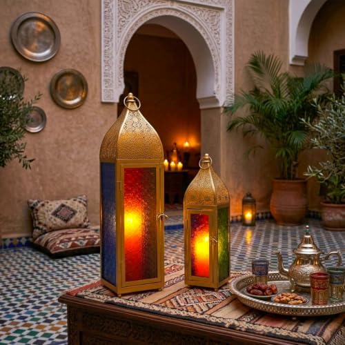 TRIROCKS 2-Pack Moroccan Candle Lanterns 23'' H Metal Vintage Candle Holder with Embossed Colored Tempered Glass Ramadan Lantern for Living Room Garden Yard Patio Parties Events (Gold) - Image 4