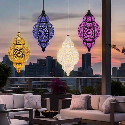 Aurelema 4 Pcs Hanging Solar Lights Moroccan Outdoor Decor Solar Lantern Waterproof Metal Moroccan Decorations for New Year Thanksgiving Patio Pathway Yard Porch Backyard Garden - Image 6