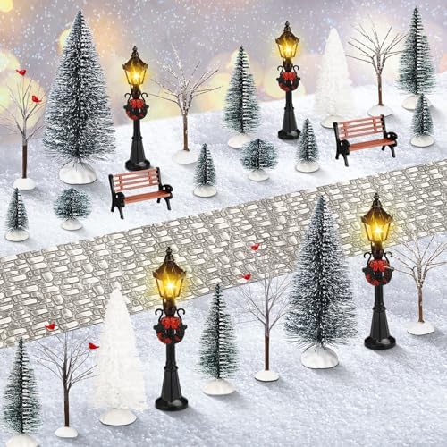 Hotop 28 Pcs Mini Artificial Christmas Village Tree Set Snow Christmas Pine Bare Branch Trees Xmas Street Lamp Post Miniature Park Bench Seat Cobblestone Street for Decoration(Delicate) by Hotop