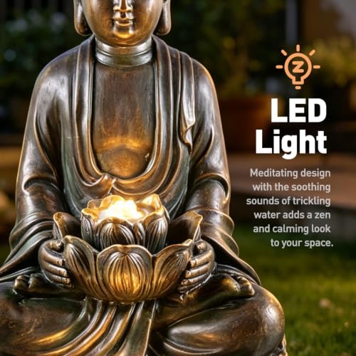 19.7" H Buddha Fountain with Pump & LED Light, 2 Tier Zen Style Meditating Buddha Water Fountain Indoor and Outdoor Buddha Statues for Garden Patio Backyard and Home Decor - Image 4