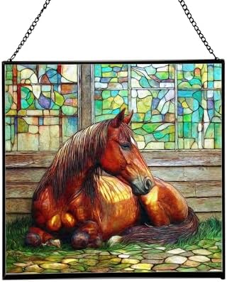 Chestnut Morgan Horse Resting Near barn Window Square Suncatcher – Stained Glass Style Window Panel with Pastoral Scene, Custom Decorative Hanging Art for Equestrian Home, Christmas Y19Vql by Custom