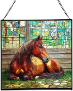 Chestnut Morgan Horse Resting Near barn Window Square Suncatcher – Stained Glass Style Window Panel with Pastoral Scene, Custom Decorative Hanging Art for Equestrian Home, Christmas Y19Vql by Custom