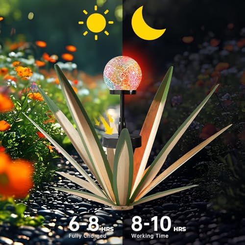 2Pack Metal Agave Rustic Sculpture Yard Decor with Solar Mosaic Light, 21Inches Height Hand Painted Metal Tequila Garden Statue Green - Image 3