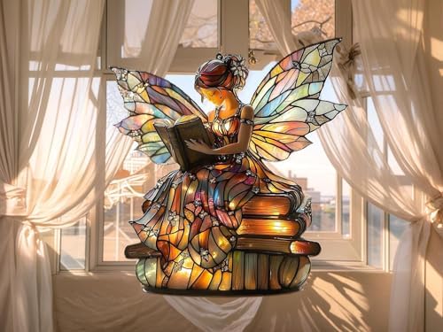 Bookshelf Acrylic Suncatcher Colorful Window Hanging Ornament for Book Lovers Sun Catcher Panel for Home Decor Car Garden Gift Reading Fairy and Stack of Book Suncatcher by Unknown