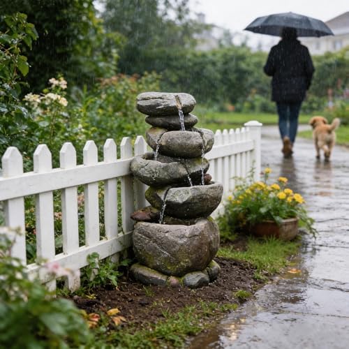 Bumilgar 27.8" H Outdoor Water Fountain with LED Lights, 5-Tier Cascading Stone Waterfall Fountain, Natural Rock Resin Outdoor Water Fountain for Garden Patio Backyard Porch Indoor Decor - Image 4
