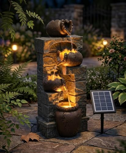 27'' Solar Powered Water Fountain Outdoor, Cascading Stones & Broken Earthenware Waterfall Fountain, Natural Relaxing Water Feature for Garden, Patio, Yard Landscape Decor - Image 2