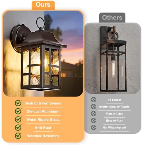 OKELI 2-Pack Dusk to Dawn Exterior Lighting Fixture, Farmhouse Outdoor Wall Lights with Ripple Glass, Aluminum Porch Light Wall Mount, Anti-Rust Outside Wall Sconce for House, Garage(Brown) - Image 4