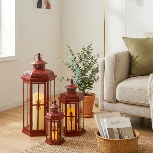 JHY DESIGN Set of 3 Decorative Candle Lanterns 20"&14"&10" H Outdoor Candle Lanterns Vintage Metal Candle Holders for Indoor, Outdoor, Parities, Garden, Porch(Red with Black Brush) - Image 4