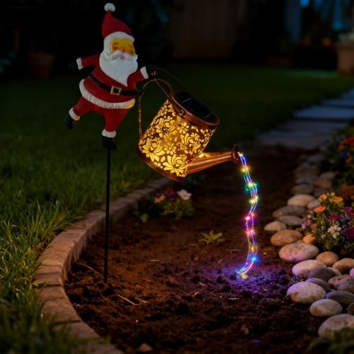 Christmas Solar Kettle Lights Garden Lawn Decorative Lights, Hanging Metal Solar Santa Claus Watering Can Light, Twinkling Santa Kettle Lights for The Season, for Pathway Yard Patio (Warm*1) - Image 2