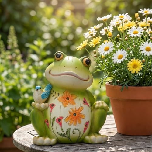 Solar Powered Frog Garden Statue, Resin Frog Figurine with Little Bird & Warm LED Lights, Waterproof Outdoor Decor Frog Sculpture, Lawn Yard Patio Backyard Flower Bed Ornament, Housewarming Gift - Image 5