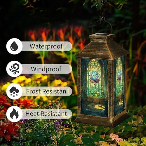 Solar Lantern Art Stained Glass Window Majestic Lotus Flower Outdoor Waterproof Garden Hanging Lantern Solar Powered Lighting Outside Table Lamp for Patio Deck Camping 1 Pack - Image 2