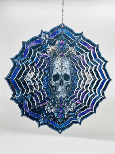 Shwing 12 Inch Wind Spinner Hanging Wind Sculptures Gothic Skull Metal Decor Double Sided Outdoor Kinetic Garden Art 3D Wind Spinner Hanging Ornament for Patio Porch Balcony Backyard Tree Decor - Image 4