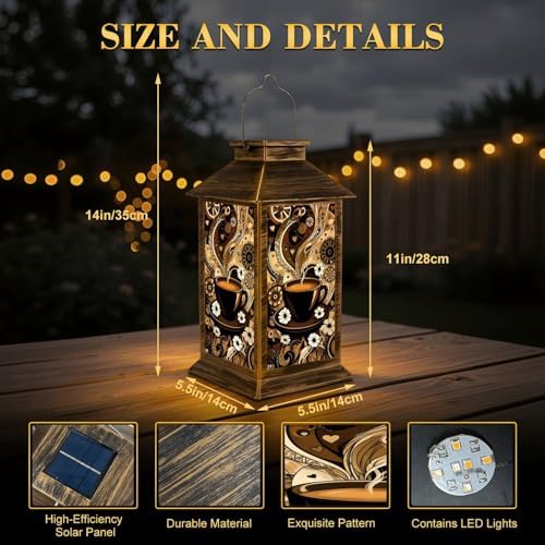 Solar Lantern Outdoor Garden Hanging Lantern Steaming Coffee Cup Abstract Brown Black Swirls Flowers Hearts Waterproof Solar Powered Lighting Outside Table Lamp for Patio Deck Yard Camping - Image 2