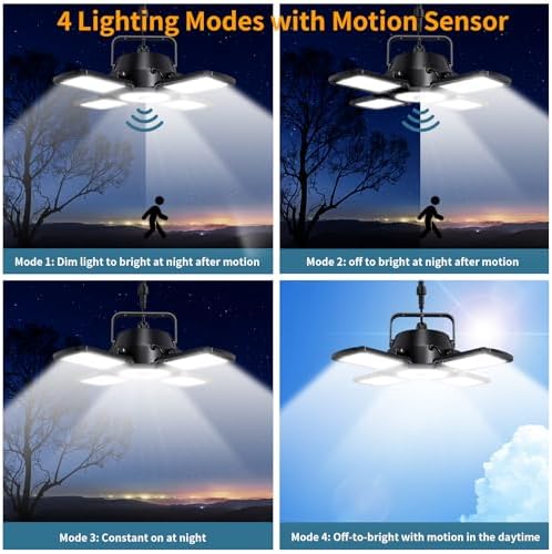 Auzev Solar Shed Light Indoor Outdoor Upgrade 176 LED 4 and 1 Heads Solar Powered Motion Sensor Pandent Daytime Work Lights with 4 Modes Remote Control Security lamp for Garage Gazebo Barn (2 Pack) - Image 2