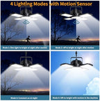 Auzev Solar Shed Light Indoor Outdoor Upgrade 176 LED 4 and 1 Heads Solar Powered Motion Sensor Pandent Daytime Work Lights with 4 Modes Remote Control Security lamp for Garage Gazebo Barn (2 Pack) - Image 2