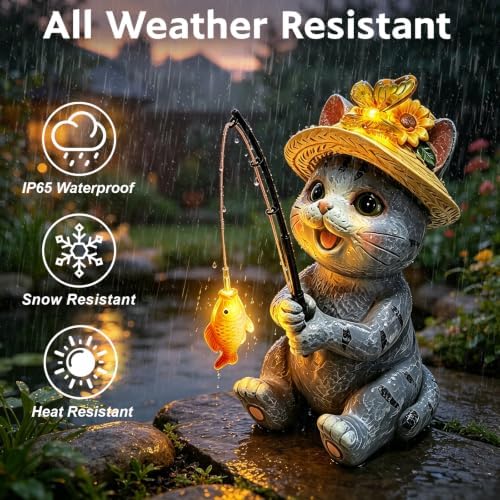 Solar Garden Cat Statues, Outdoor Fishing Cat with Butterfly Solar Lights - Image 4