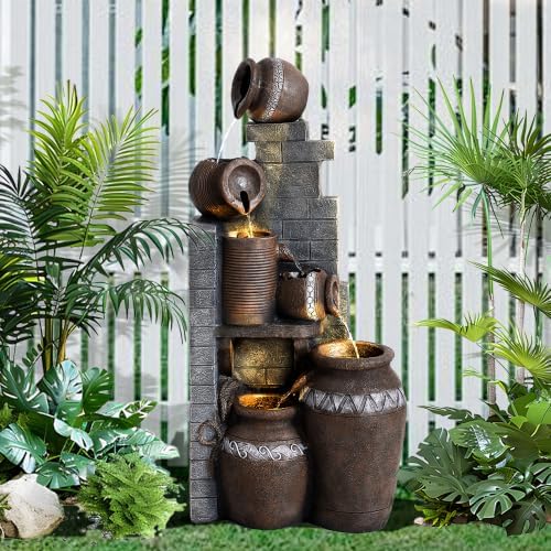 Outdoor Water Fountain 31.5" H Floor-Standing Cascading Garden Fountains, 6-Tiers Indoor/Outdoor Water Fountain with LED Lights for Garden Patio Backyard and Home by UTOASIS