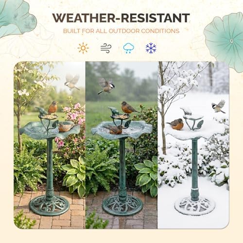 VINGLI Pedestal Bird Bath, Resin Birdbaths Weather Resistant, Bird Baths with Floral Accents & Vintage Finish, Garden Decor for Outdoor, Patio, Yard, Lawn (Green Floral) - Image 4