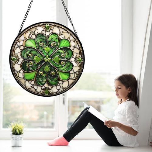 Stained Glass Window Hanging Lucky Clover Suncatcher Gift for Mom 15" - Image 3