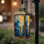 Solar Lantern Outdoor Waterproof Stained Glass Wave Sun Artwork Turquoise Gold Details Garden Decor LED Hanging Solar Lights Tabletop Lamp Gifts for Women Mom Outside Yard Patio Porch by DERUINVAIO