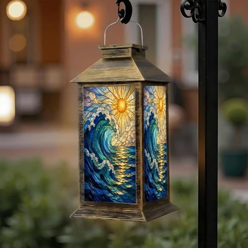 Solar Lantern Outdoor Waterproof Stained Glass Wave Sun Artwork Turquoise Gold Details Garden Decor LED Hanging Solar Lights Tabletop Lamp Gifts for Women Mom Outside Yard Patio Porch by DERUINVAIO