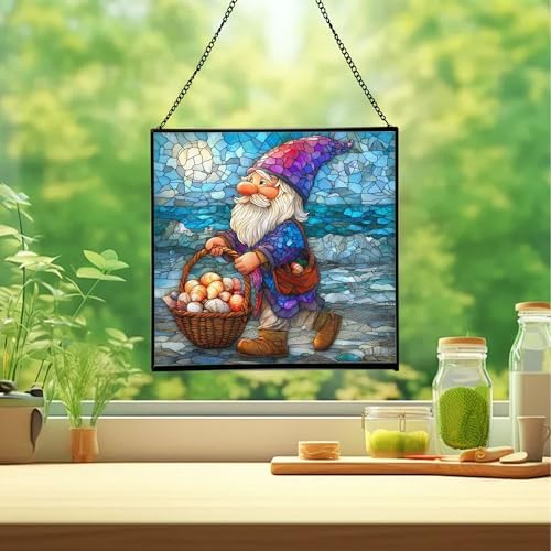 Shell Collector Gnome Stained Glass Suncatcher – Square Hanging Window Panel for Home or Greenhouse – Whimsical Glass Art Gift for Garden Lovers, Christmas, Halloween, Father Days dc1aKu - Image 2