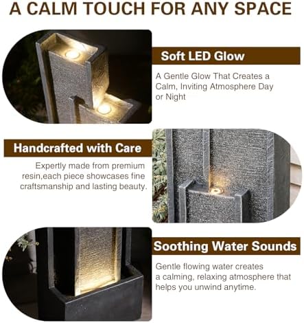 Bumilgar 39" Modern Outdoor Water Fountain with LED Lights – Grey Tiered Geometric Indoor Waterfall Fountain for Garden, Lawn, Porch or Backyard Décor, Floor Standing Resin Patio Water Feature Outside - Image 6