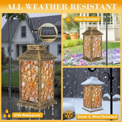 Solar Lantern Outdoor Waterproof Seashell Beach Garden Decor LED Hanging Solar Lights Tabletop Lamp Gifts for Women Mom Outside Yard Patio Porch - Image 3