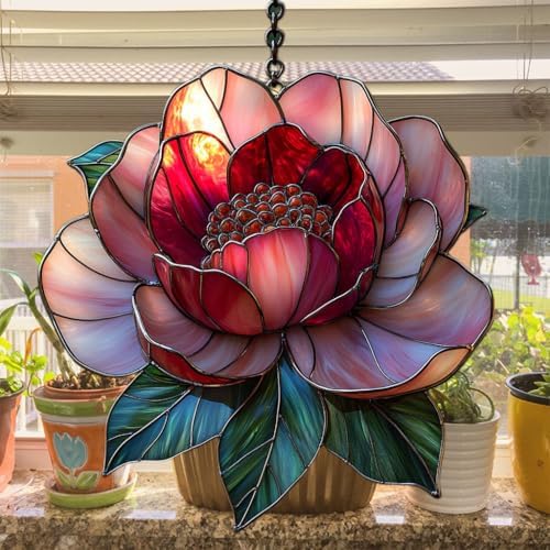 Red and Pink Peony Acrylic Suncatcher - Image 4