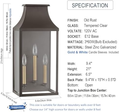 21" Large Classic Outdoor Wall Light Fixture,Exterior Sconce Lantern - Image 3