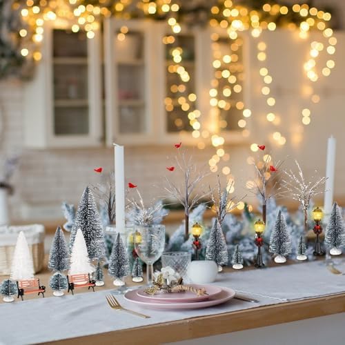 Hotop 28 Pcs Mini Artificial Christmas Village Tree Set Snow Christmas Pine Bare Branch Trees Xmas Street Lamp Post Miniature Park Bench Seat Cobblestone Street for Decoration(Delicate) - Image 6