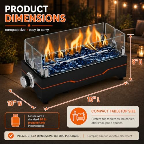 GRISUN 15 Inch Propane Tabletop Fire Pit, 30,000 BTU with Glass Wind Guard - Image 2