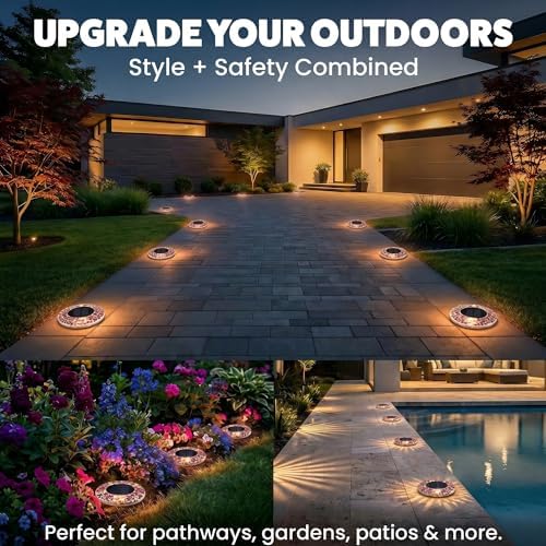 Bell+Howell 8 Pk Mosaic Solar Lights Outdoor LED Disk Pathway Lights, Taupe - Image 4