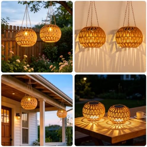 Solar Hanging Lanterns Outdoor Waterproof, 2 Pack Hanging Solar Lights for Outside with 7.25in Boho Lantern, Outdoor Rattan Chandelier Lights for Porch Decor Tree Garden Gazebo Patio Backyard Gifts - Image 5