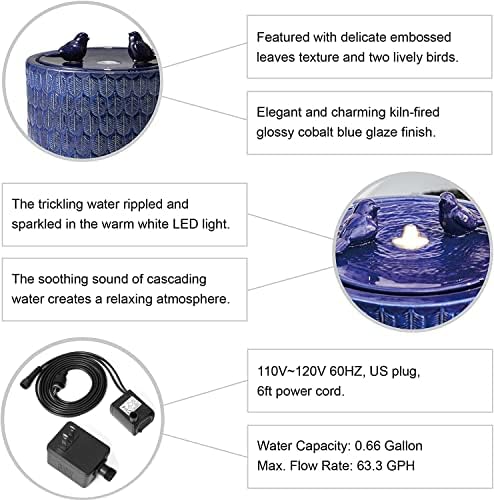 Glitzhome 14.75”H Outdoor Ceramic Garden Water Fountain with LED Lights and Pump, Two Birds Embossed Leaf Pattern Patio Fountain Floor Standing Bird Bath Fountains for Porch Deck Backyard, Cobalt Blue - Image 6