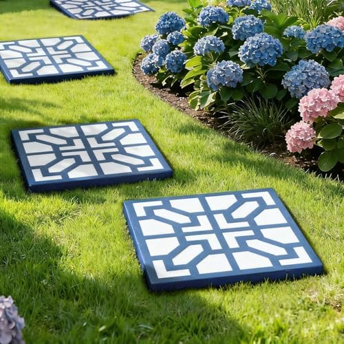 2 Pack Square Stepping Stones, 10” Cement Garden Path Stones in Moroccan Tile Design, Modern Geometric Outdoor Patio Decor, Weather-Resistant Fall Garden (Midnight Indigo) - Image 6