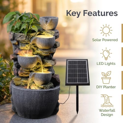 24'' Stacked Rock Solar Powered Water Fountain, Outdoor DIY Planter Pot Waterfall Fountain with LED Lights, Water Feature Landscape Decor for Garden, Patio, Backyard, Home Decoration - Image 5