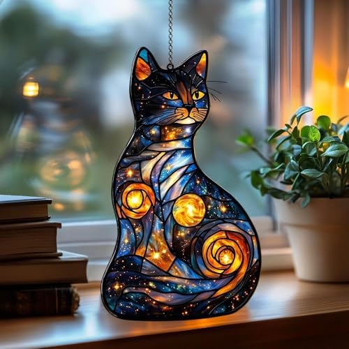 Galaxy Cat Acrylic Suncatcher 10 Inches, Halloween Decoration Indoor Outdoor, Bedroom Porch Decor, Stained Glass Effect Window Hanging, Celestial Black Cat Ornament, Mystical Gift for Her Mom by XISZYS